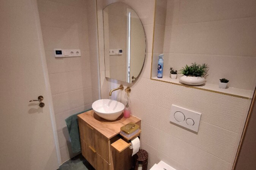 Mosdó és WC palahatású padlón